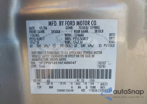 2006 Ford F-150 Lariat/Xlt из США, поврежденный, VIN 1FTPW12516FA86047